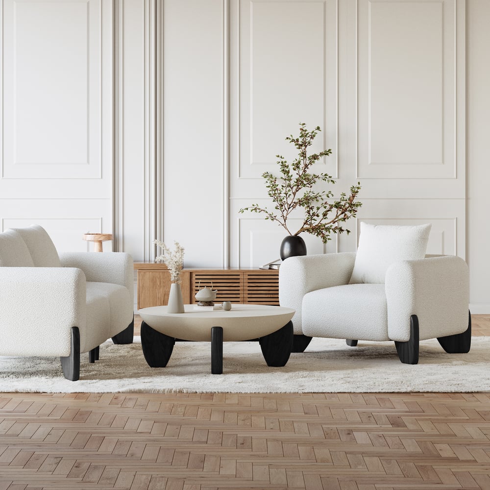 Curva ronde betonnen zwarte salontafel met houten poten Vensterafbeelding