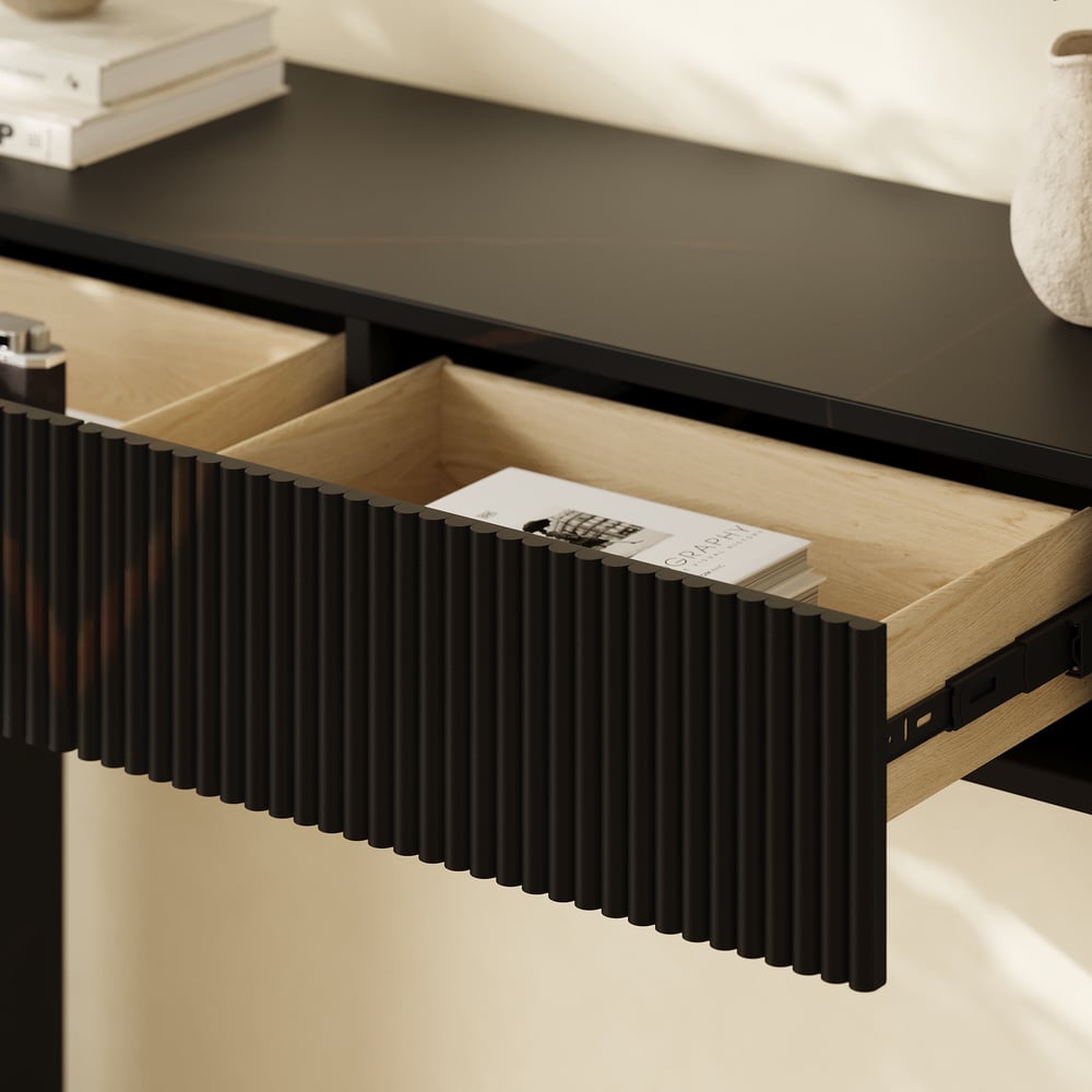 Oval Black Console Table with Waved Wood Top window image