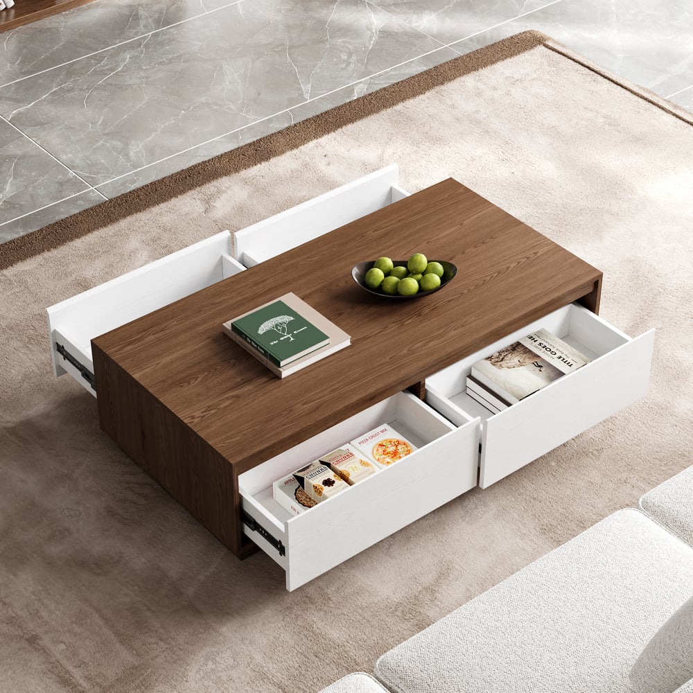 Rechthoekige salontafel van 1200 mm uit het midden van de eeuw, wit en walnootblok Vensterafbeelding