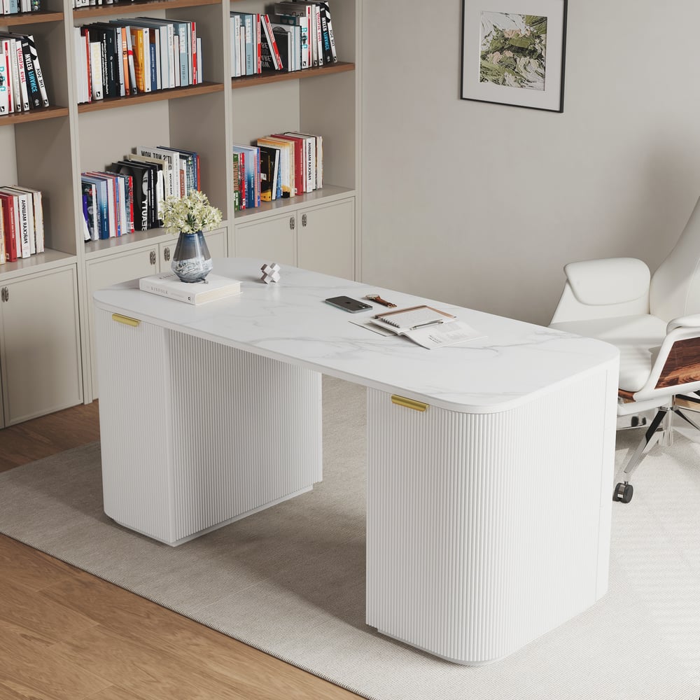 Modern White Ash Wood & Sintered Stone Rectangle Desk with 6 Drawers (63.8") window image