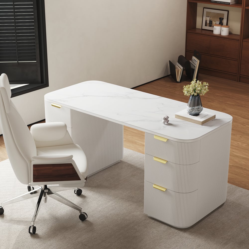 Modern White Ash Wood & Sintered Stone Rectangle Desk with 6 Drawers (63.8") window image