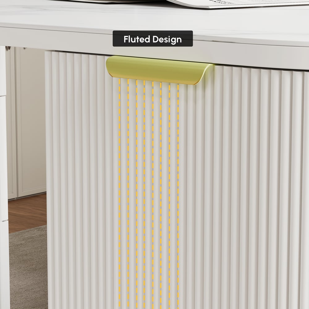 Modern White Ash Wood & Sintered Stone Rectangle Desk with 6 Drawers (63.8") window image