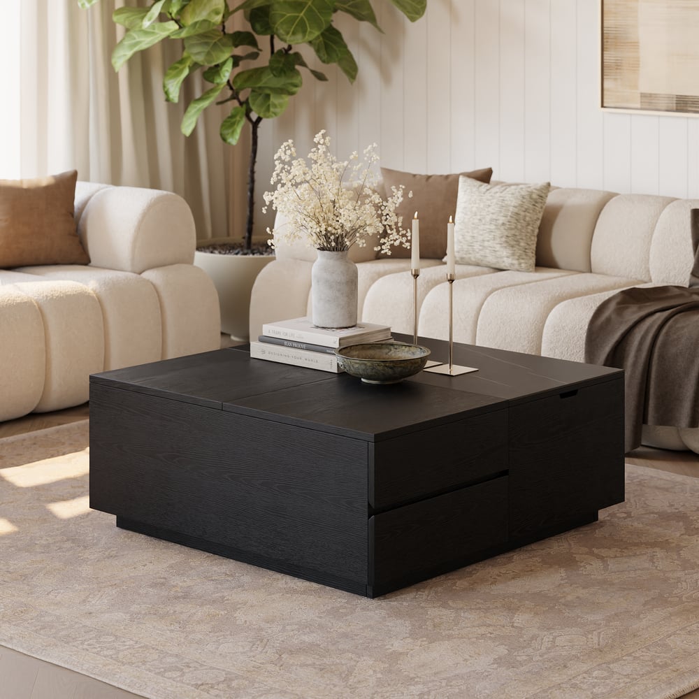 39" vierkante salontafel van travertijnfineer met lift en gesinterde stenen opbergruimte Vensterafbeelding