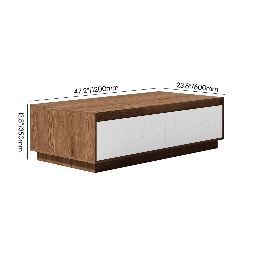 Rechthoekige salontafel van 1200 mm uit het midden van de eeuw, wit en walnootblok Afbeelding met gewichten en afmetingen