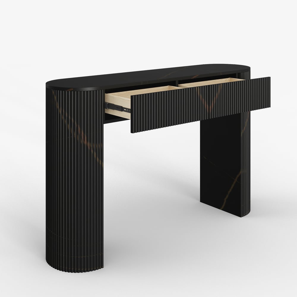 Oval Black Console Table with Waved Wood Top window image