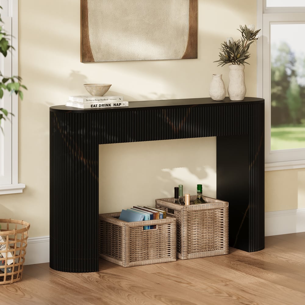 Oval Black Console Table with Waved Wood Top window image