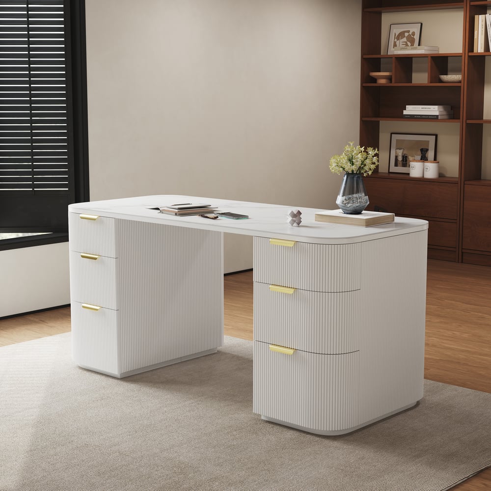 Modern White Ash Wood & Sintered Stone Rectangle Desk with 6 Drawers (63.8") window image