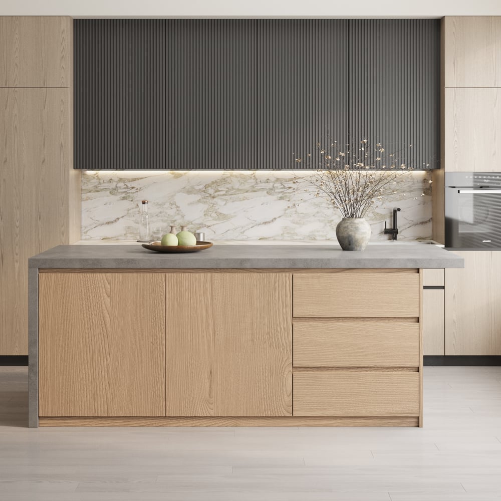 Isola da cucina in legno stile Japandi da 1800 mm Immagine della finestra