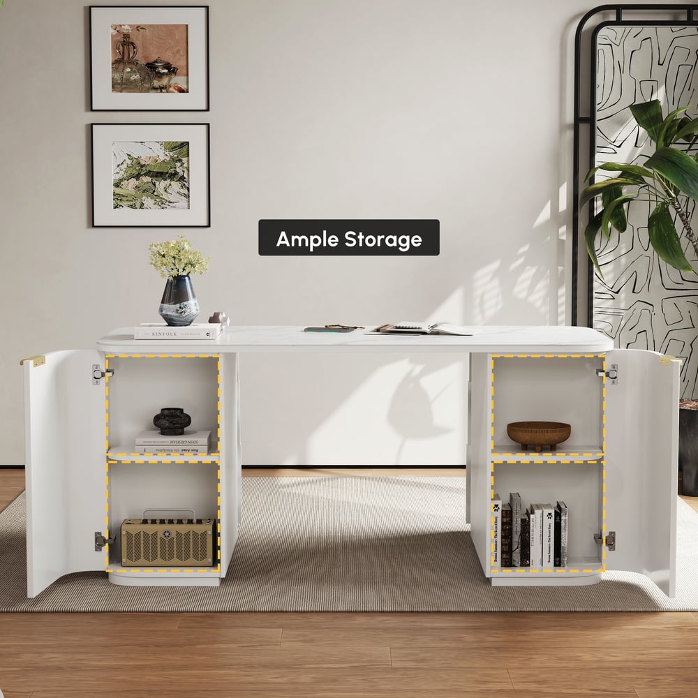 Modern White Ash Wood & Sintered Stone Rectangle Desk with 6 Drawers (63.8") window image