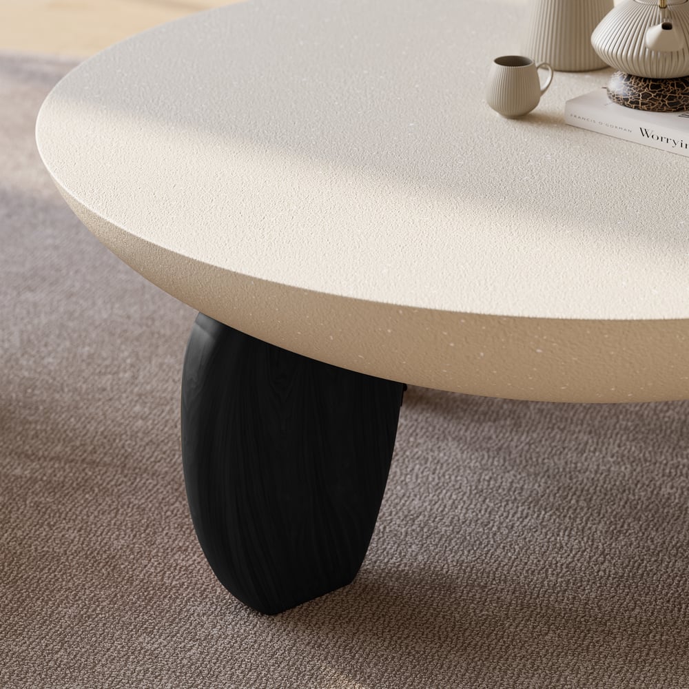 Curva ronde betonnen zwarte salontafel met houten poten Vensterafbeelding