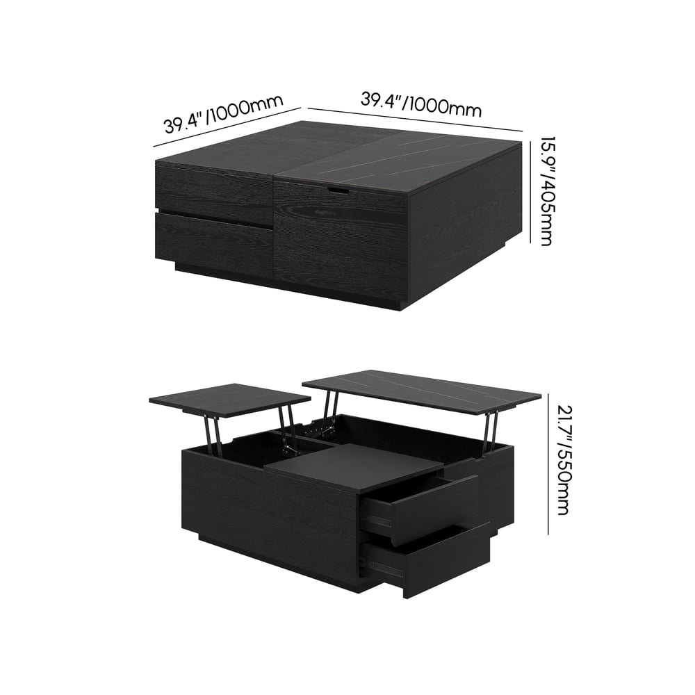 39" vierkante salontafel van travertijnfineer met lift en gesinterde stenen opbergruimte Afbeelding met gewichten en afmetingen