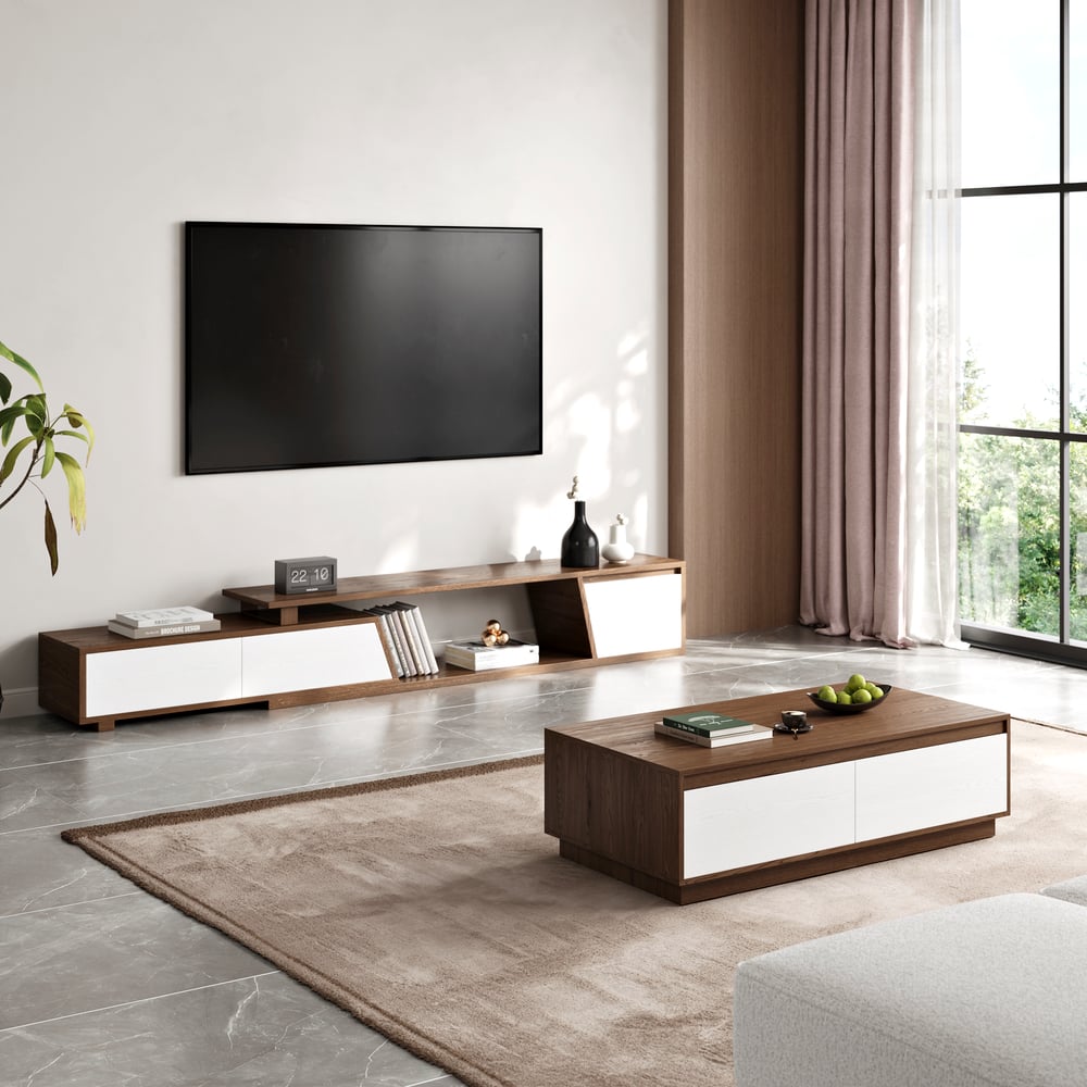 Rechthoekige salontafel van 1200 mm uit het midden van de eeuw, wit en walnootblok Vensterafbeelding