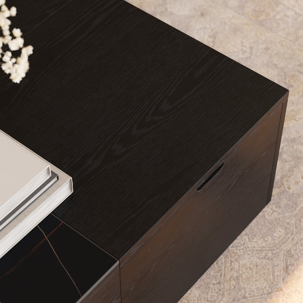 39" vierkante salontafel van travertijnfineer met lift en gesinterde stenen opbergruimte Vensterafbeelding