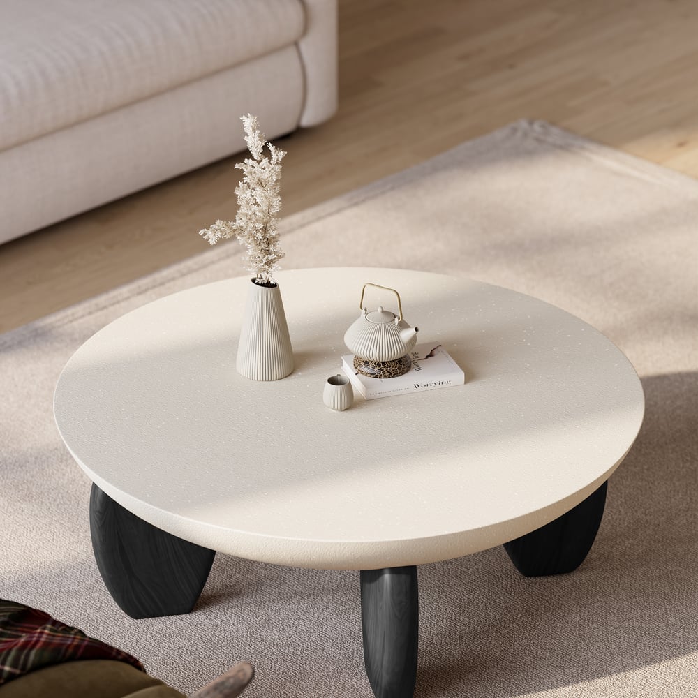 Curva ronde betonnen zwarte salontafel met houten poten Vensterafbeelding