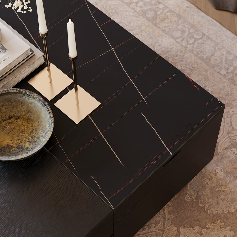 39" vierkante salontafel van travertijnfineer met lift en gesinterde stenen opbergruimte Vensterafbeelding