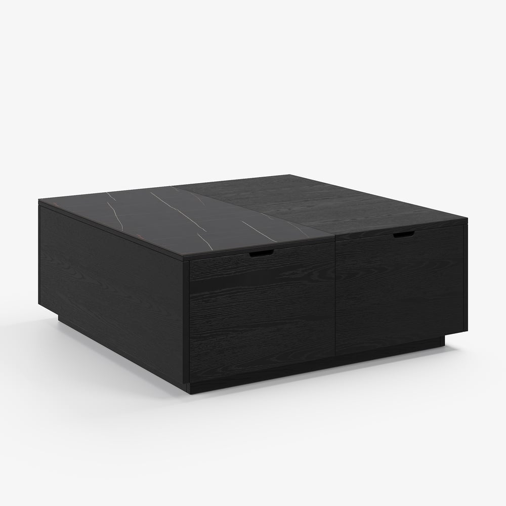 39" vierkante salontafel van travertijnfineer met lift en gesinterde stenen opbergruimte Vensterafbeelding