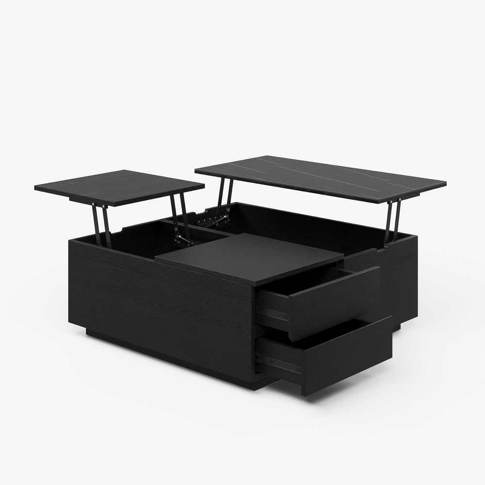 39" vierkante salontafel van travertijnfineer met lift en gesinterde stenen opbergruimte Vensterafbeelding