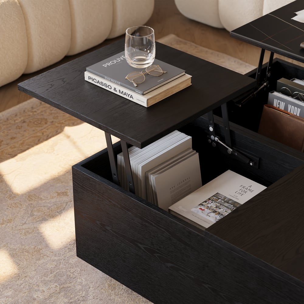 39" vierkante salontafel van travertijnfineer met lift en gesinterde stenen opbergruimte Vensterafbeelding