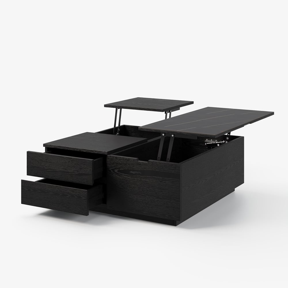 39" vierkante salontafel van travertijnfineer met lift en gesinterde stenen opbergruimte Vensterafbeelding