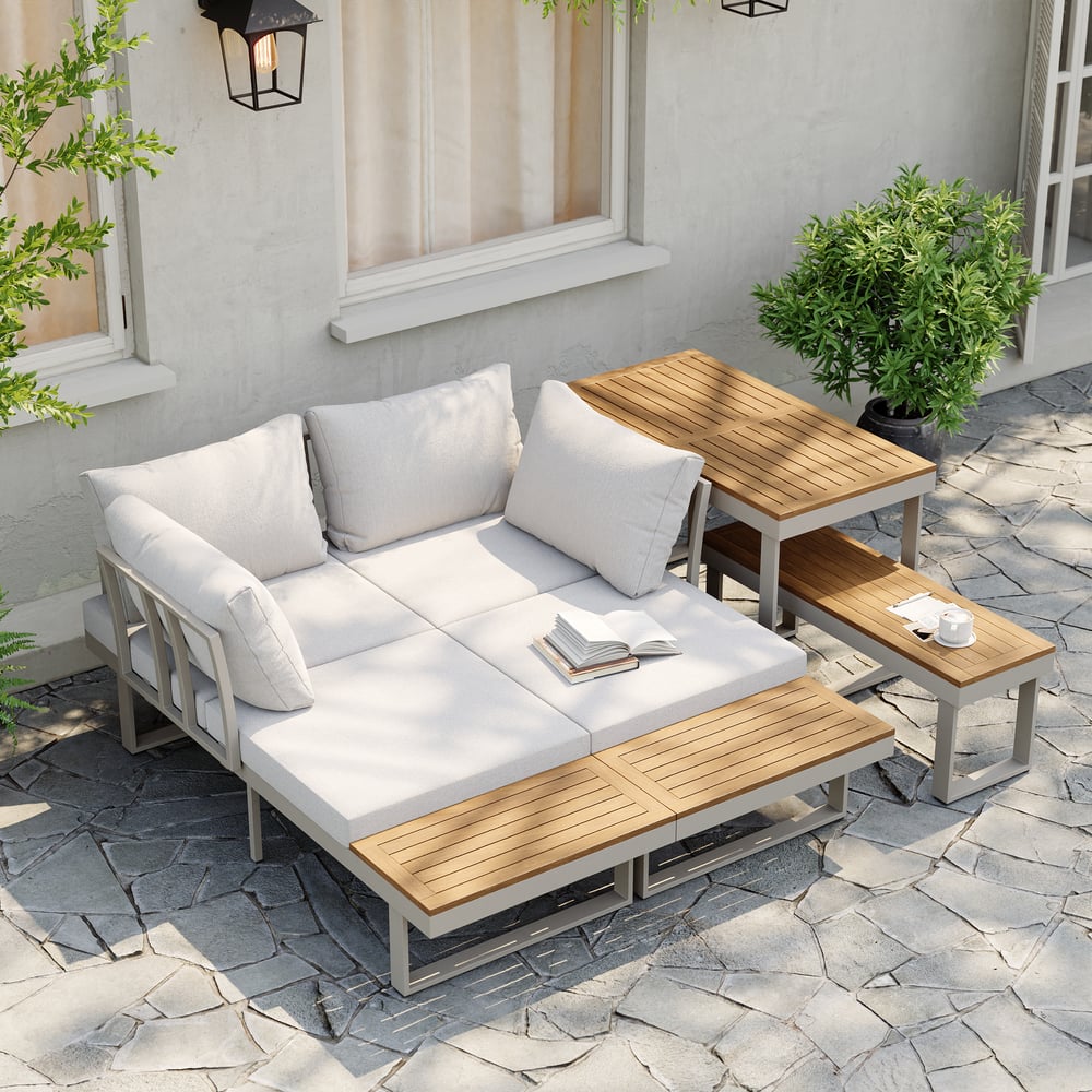 4-Pieces Outdoor Acacia Sectional Sofa Set with Cushion and Side Table window image