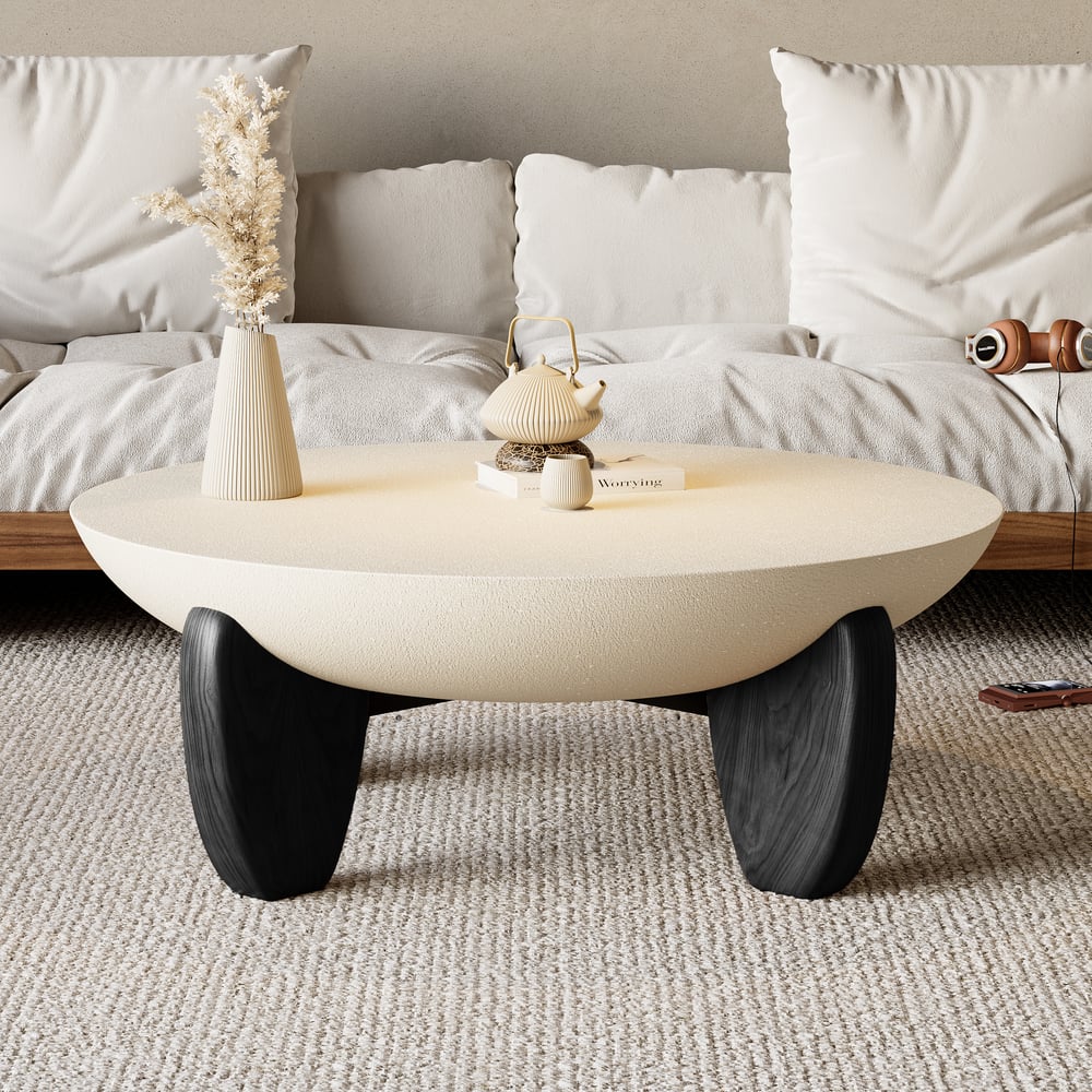 Curva ronde betonnen zwarte salontafel met houten poten Vensterafbeelding