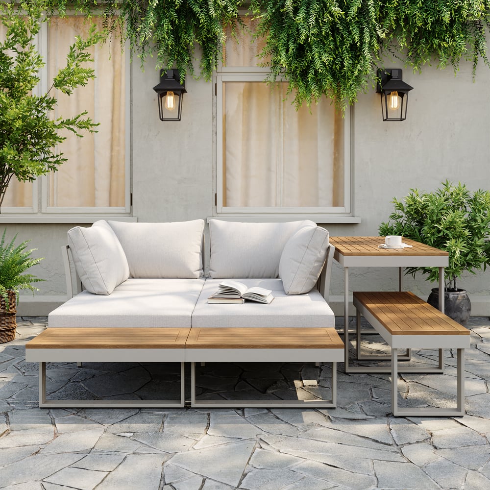 4-Pieces Outdoor Acacia Sectional Sofa Set with Cushion and Side Table window image