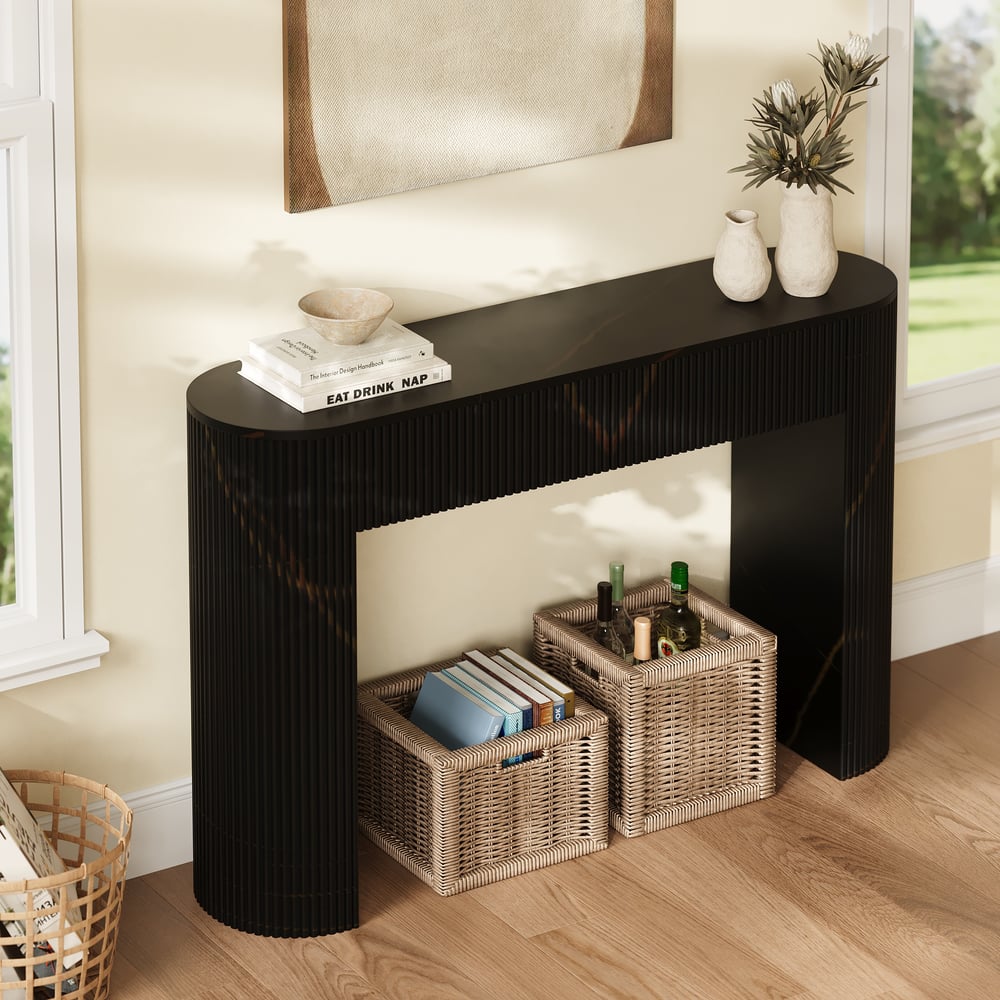 Oval Black Console Table with Waved Wood Top window image