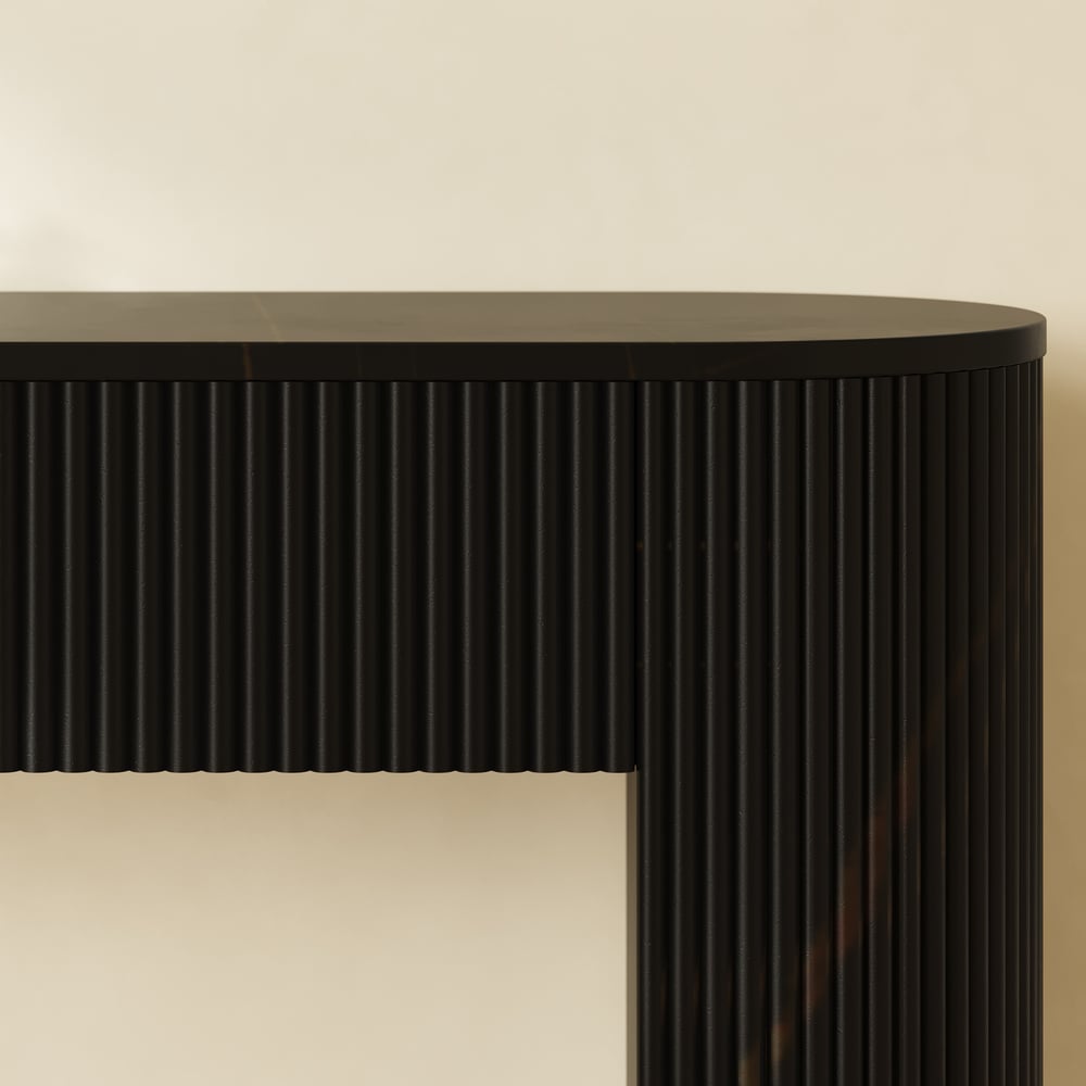 Oval Black Console Table with Waved Wood Top window image
