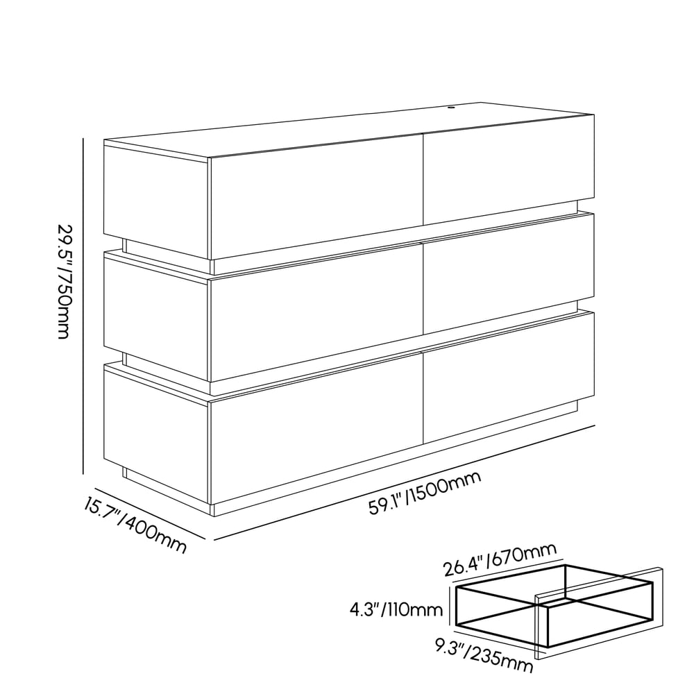 Lumio 59" LED 6-Drawer Dresser with Charging Station weights dimensions image