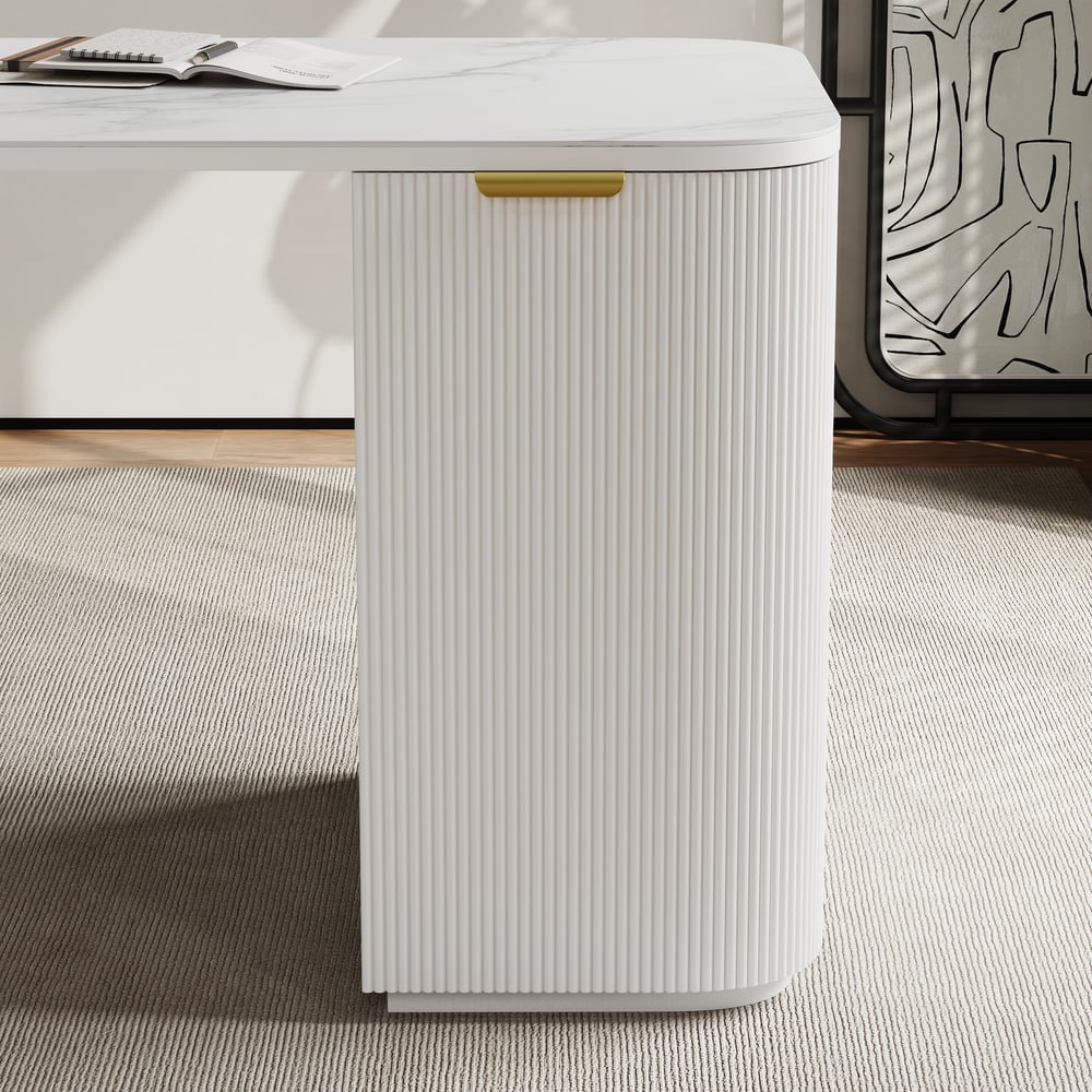 Modern White Ash Wood & Sintered Stone Rectangle Desk with 6 Drawers (63.8") window image