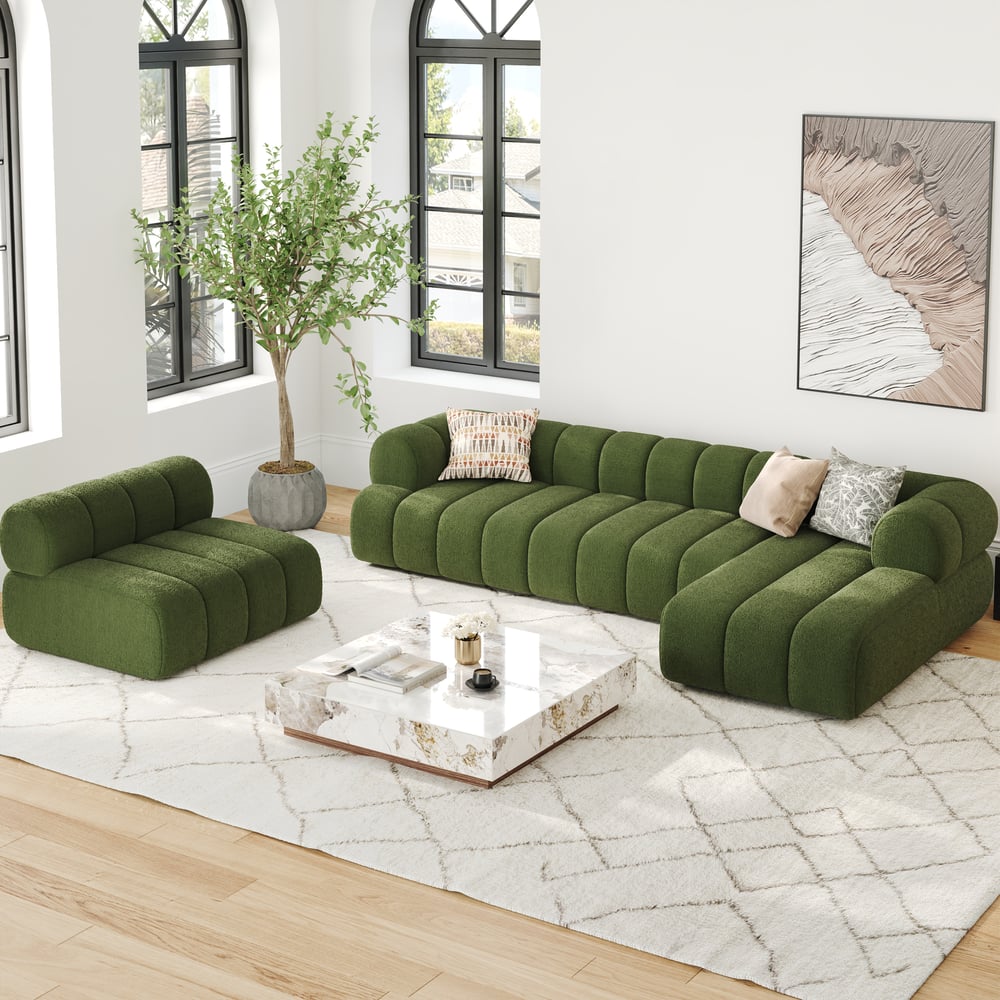 Sofá secional de veludo chenille de 4 peças Nimbus 4000 mm com chaise Imagem da janela