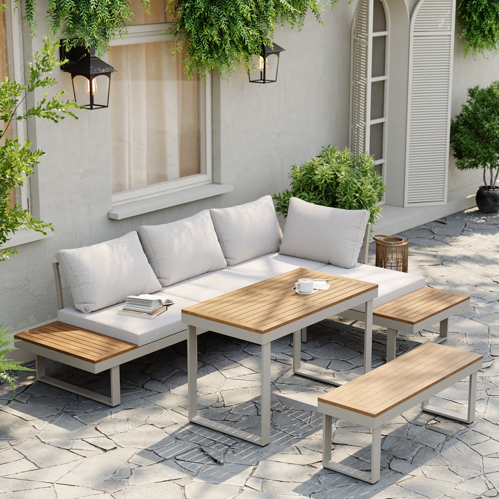 4-Pieces Outdoor Acacia Sectional Sofa Set with Cushion and Side Table window image