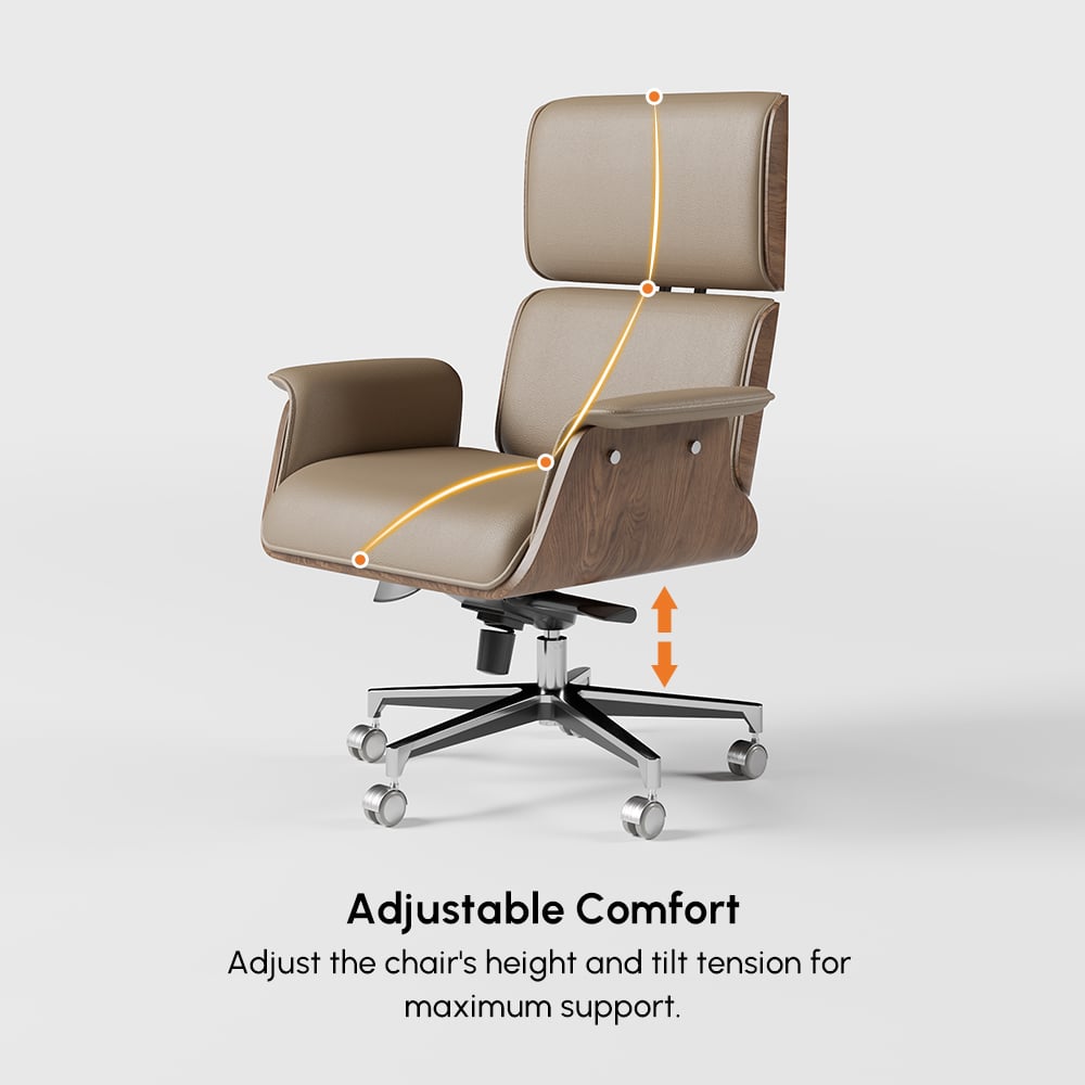 Modern Khaki Home Office Chair Swivel Upholstered Wooden Desk Chair Adjustable Height window image