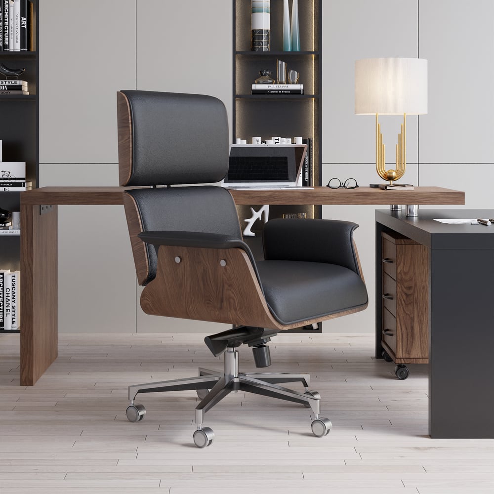 Black Wooden Adjustable Height Swivel Upholstered Desk Chair Home Office window image