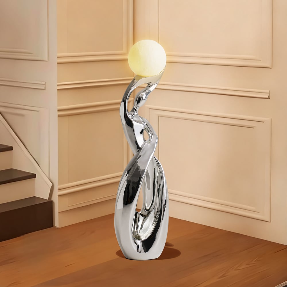 9" x 32" Silver Sculpture with Illuminated Sphere Art Decor window image