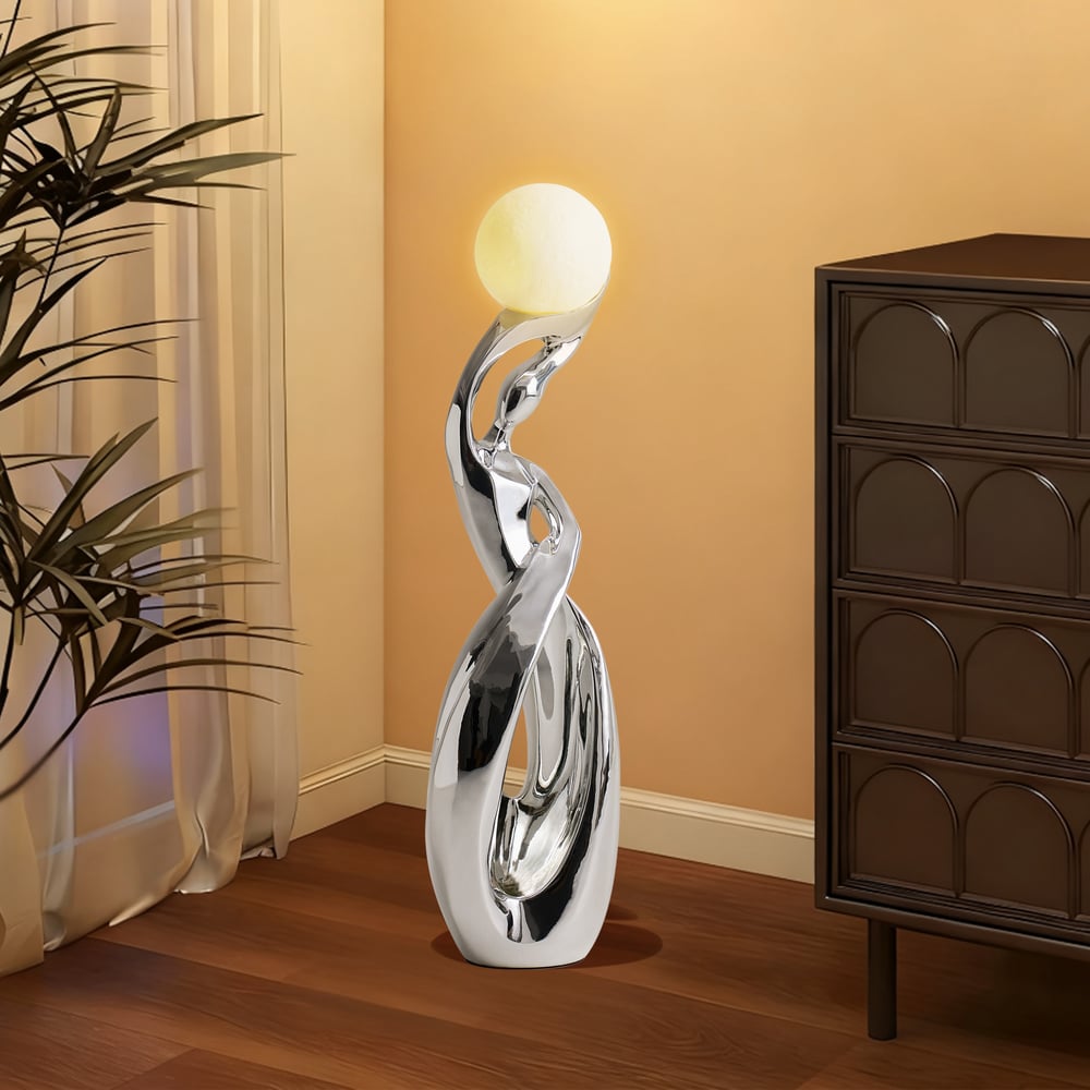 9" x 32" Silver Sculpture with Illuminated Sphere Art Decor window image