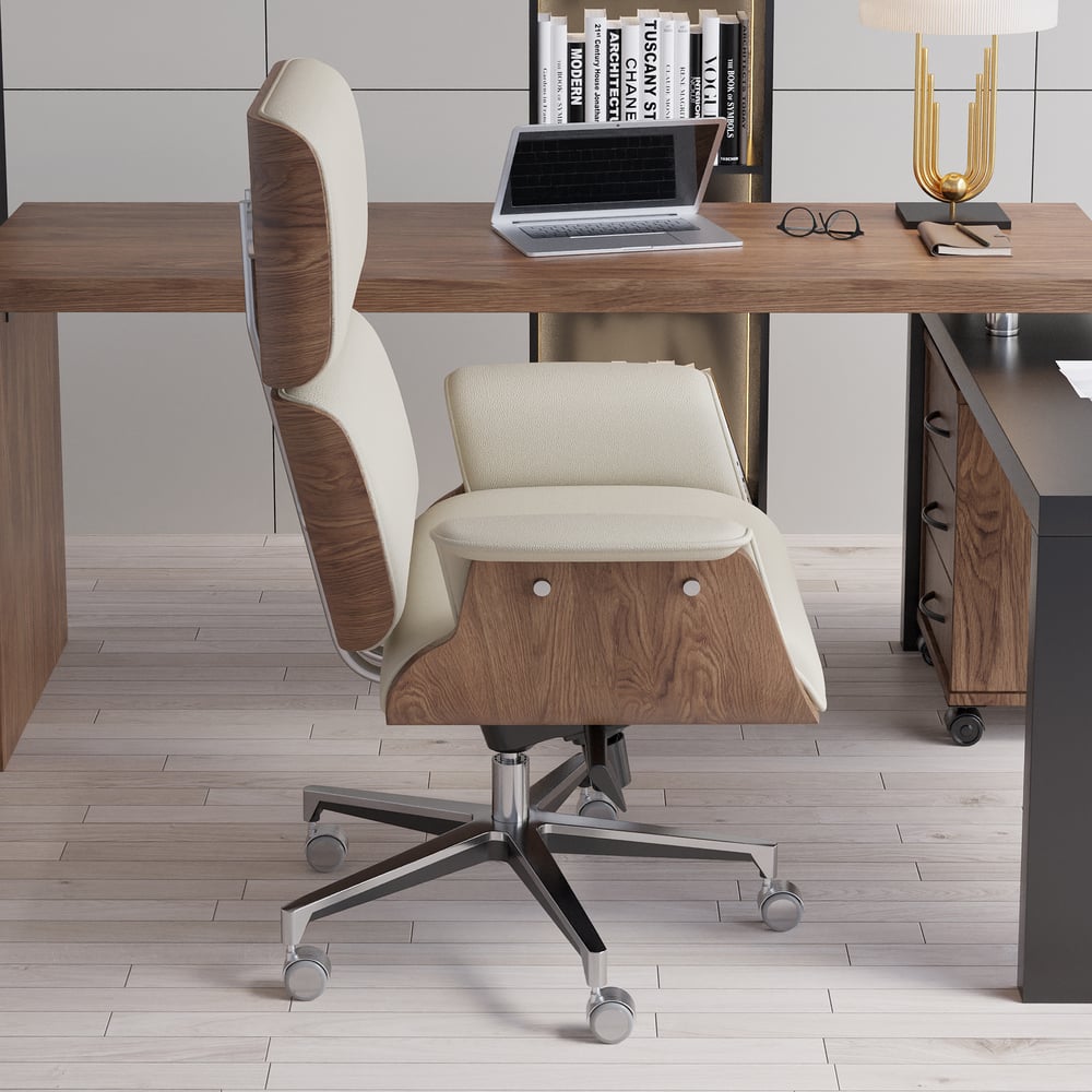 Modern Off White Home Office Chair Upholstered Swivel Task Office Chair High Back window image