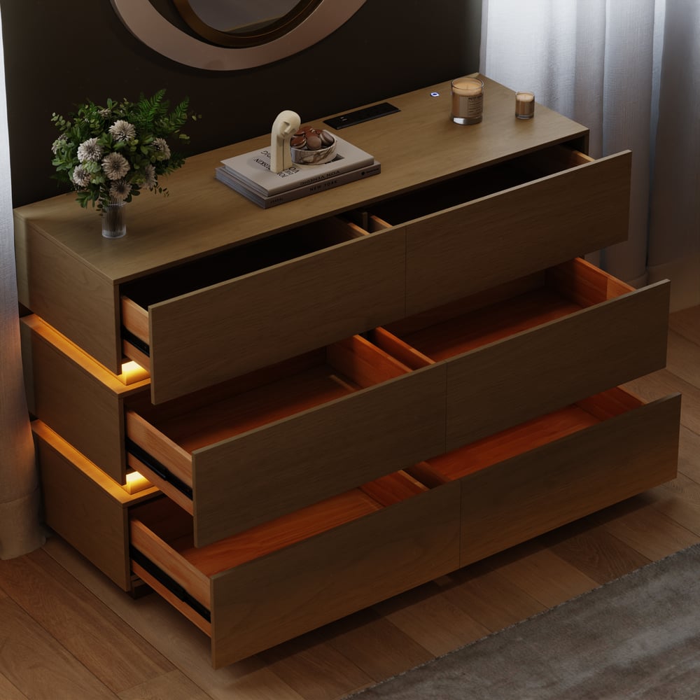 Lumio 1200mm Modern White 6 Drawer LED Dresser Chest Bedroom Storage Cabinet window image