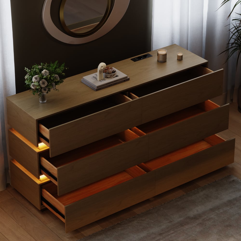 Cômoda LED Lumio 1500mm com 6 gavetas e estação de carregamento Imagem da janela