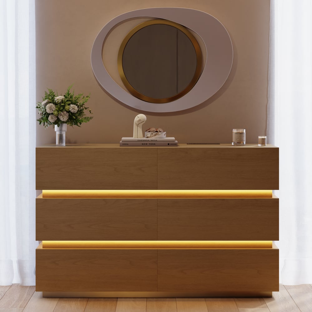 Lumio 1200mm Modern White 6 Drawer LED Dresser Chest Bedroom Storage Cabinet window image