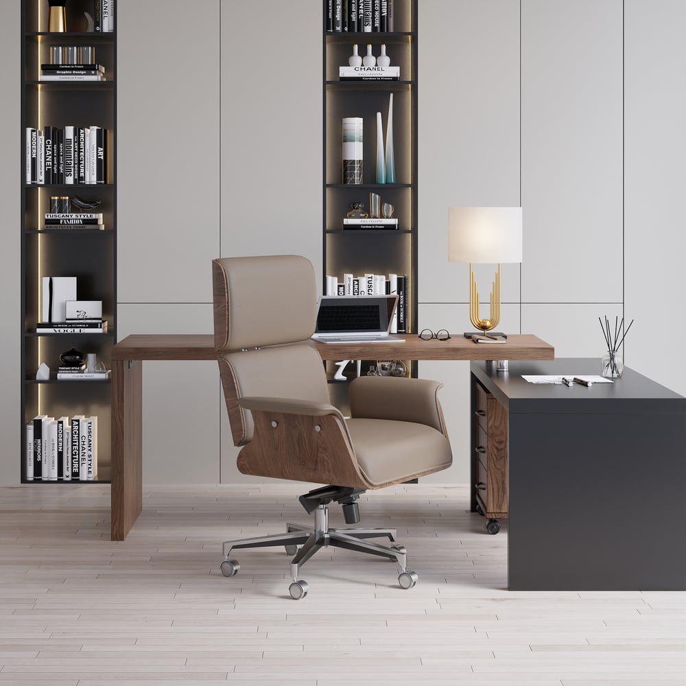 Modern Khaki Home Office Chair Swivel Upholstered Wooden Desk Chair Adjustable Height window image