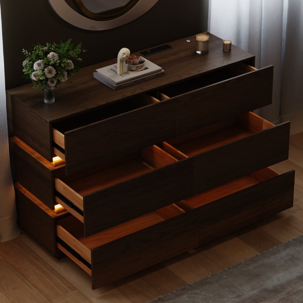 Lumio 1200mm LED 6-Drawer Dresser with Charging Station window image