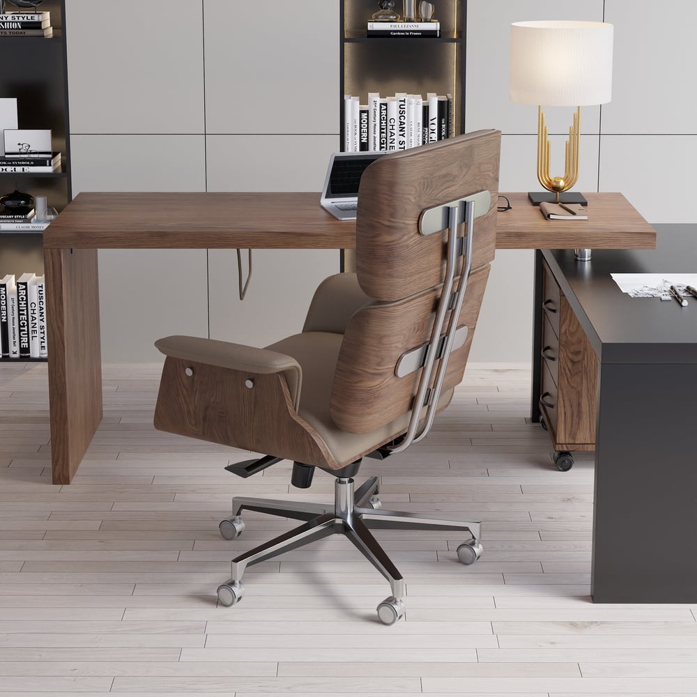 Modern Khaki Home Office Chair Swivel Upholstered Wooden Desk Chair Adjustable Height window image