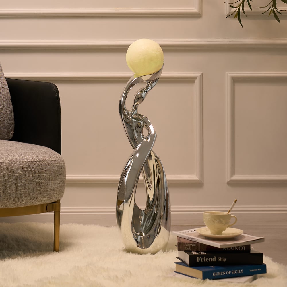 9" x 32" Silver Sculpture with Illuminated Sphere Art Decor window image