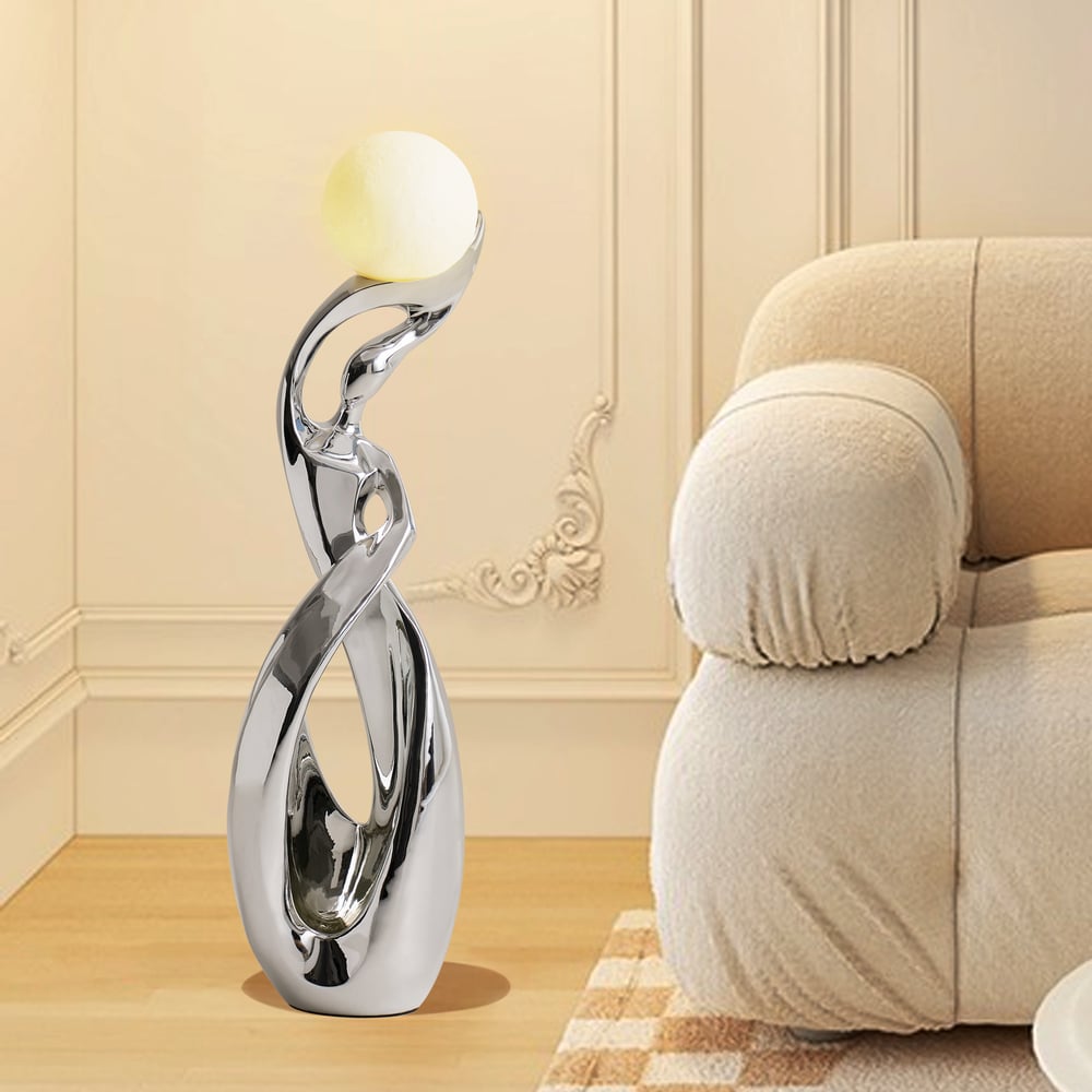 9" x 32" Silver Sculpture with Illuminated Sphere Art Decor window image