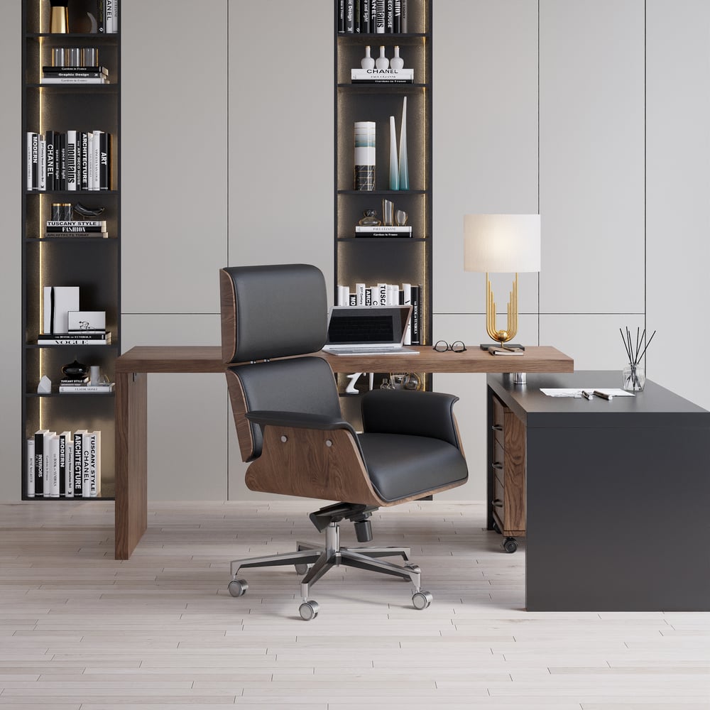 Black Wooden Adjustable Height Swivel Upholstered Desk Chair Home Office window image