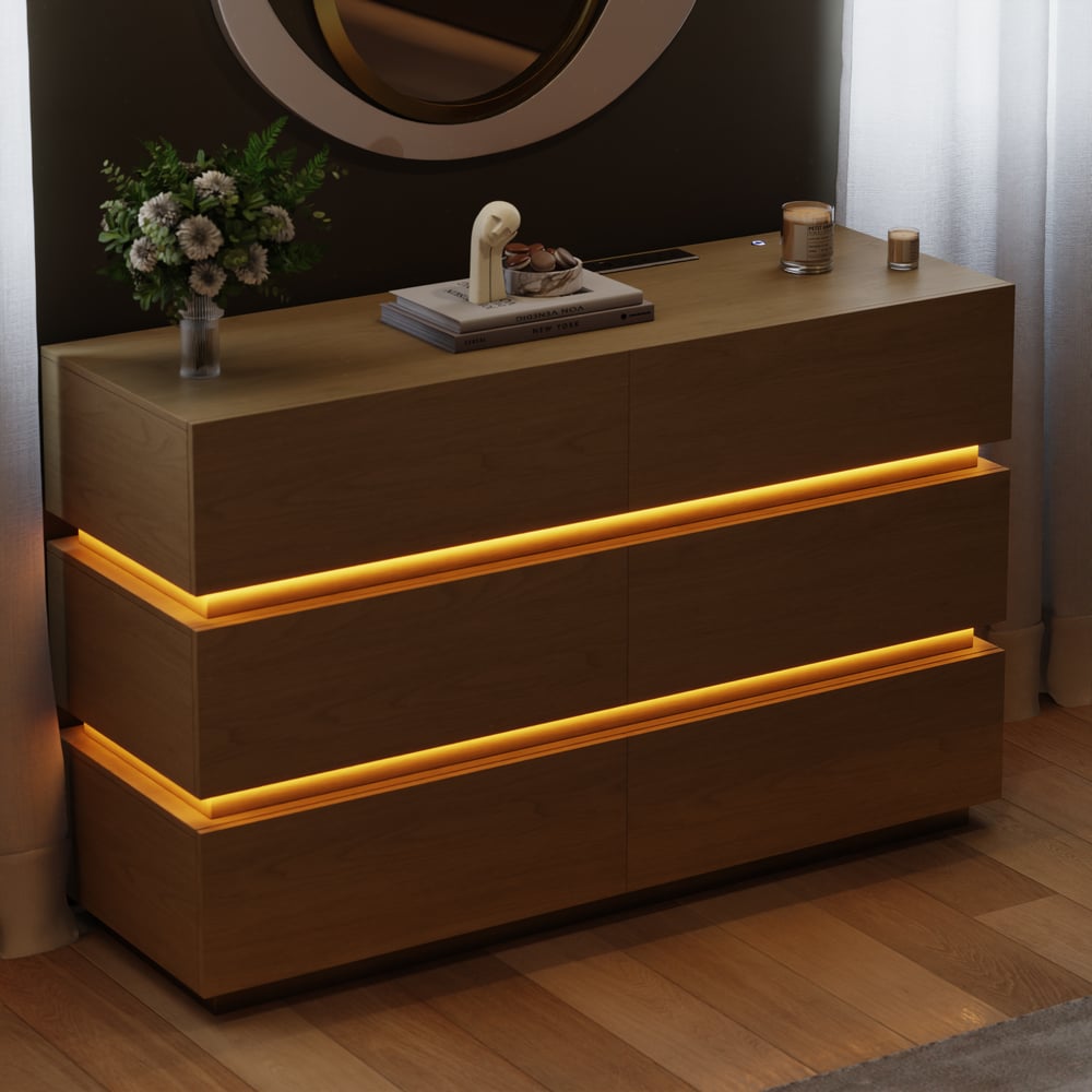 Lumio 1200mm Modern White 6 Drawer LED Dresser Chest Bedroom Storage Cabinet window image