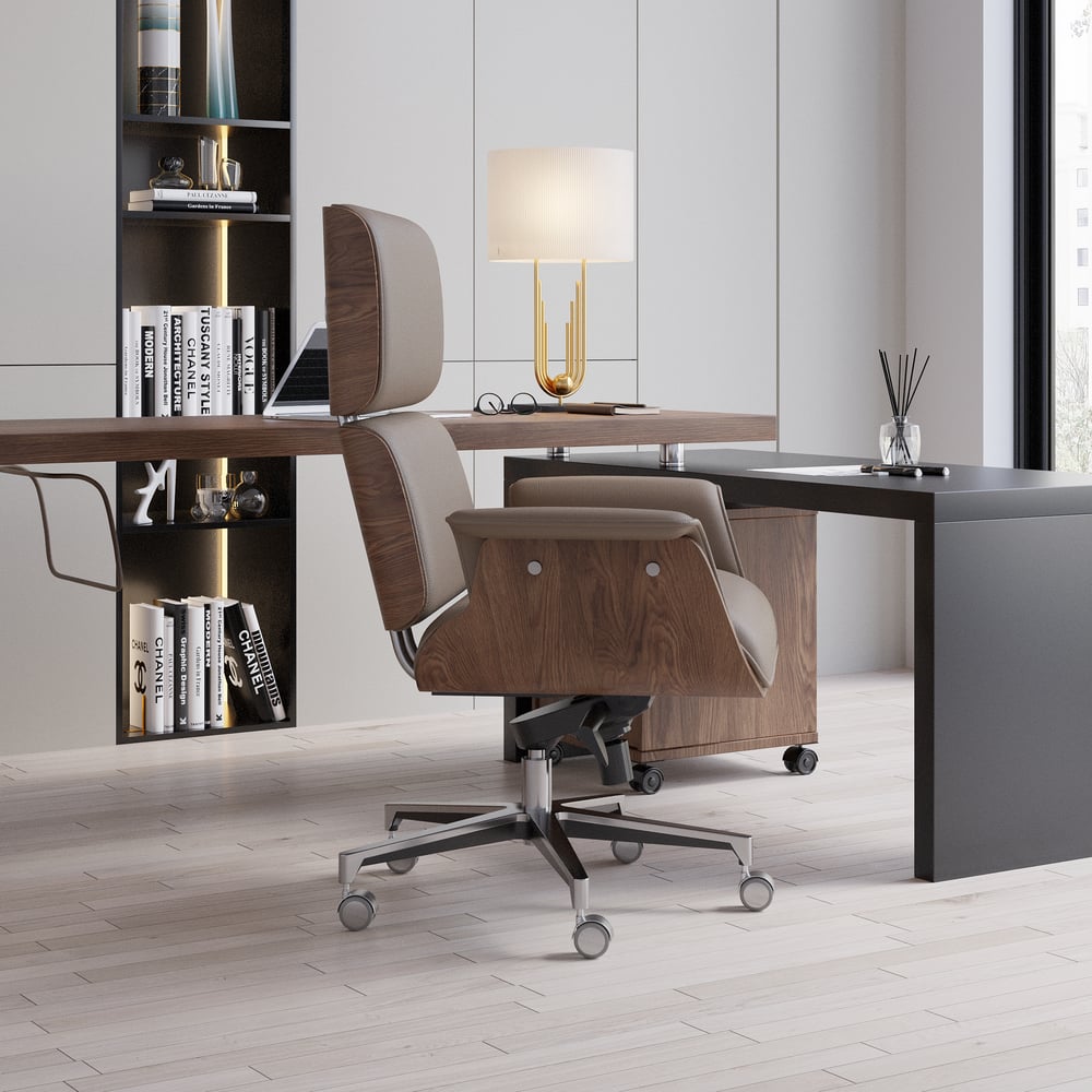 Modern Khaki Home Office Chair Swivel Upholstered Wooden Desk Chair Adjustable Height window image