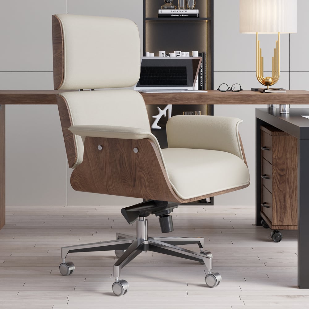 Modern Off White Home Office Chair Upholstered Swivel Task Office Chair High Back window image