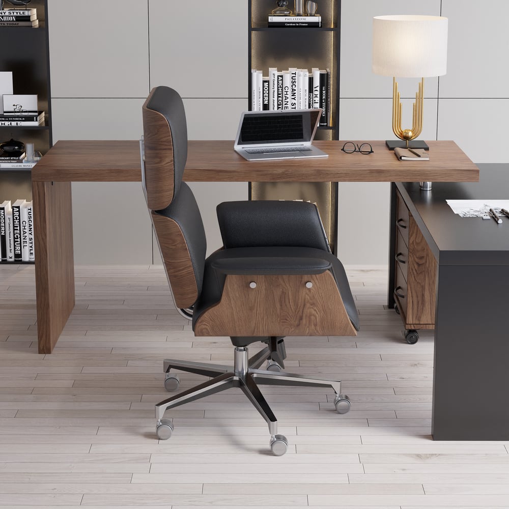 Black Wooden Adjustable Height Swivel Upholstered Desk Chair Home Office window image